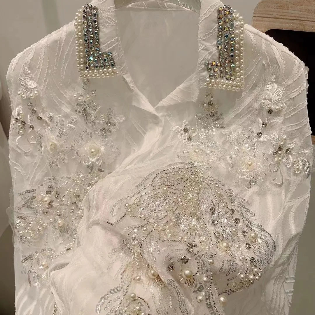 Luxury Diamonds Sequined Embroidery Blouses Shirts Women 2026 Spring New Long Sleeve Shirts Fashion Causal Tops Camisas De Mujer