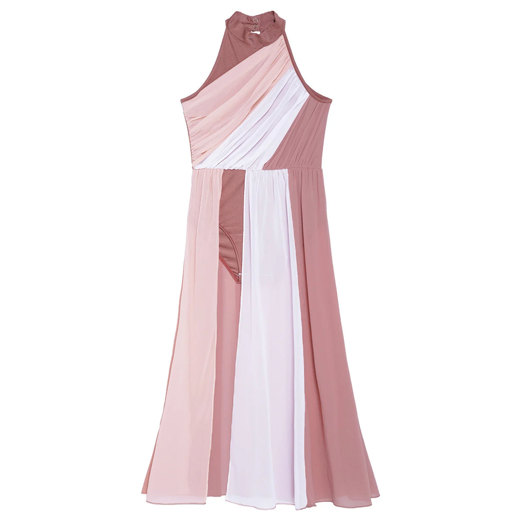 Kids Girl Lyrical Dance Dress Mesh Split Gymnastics Leotard with Skirt Modern Contemporary Dance Costume Worship Praise Dress
