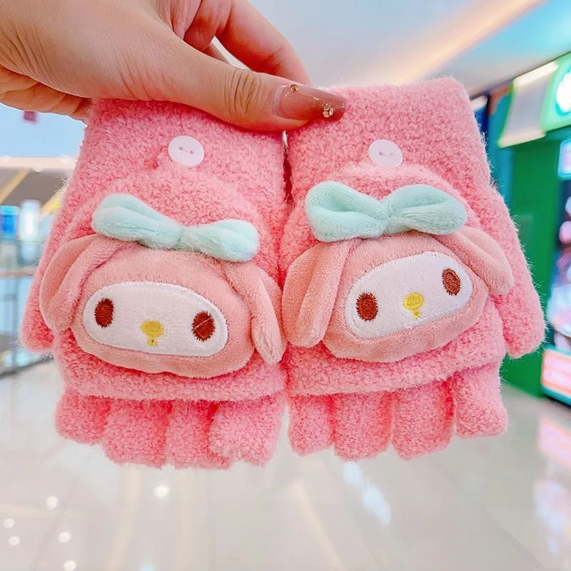 Children's Warm Gloves for Boys and Girls Cartoon Cute Half Finger Knitted Winter Flip Cover Baby Thick Cold Proof Five Fingers
