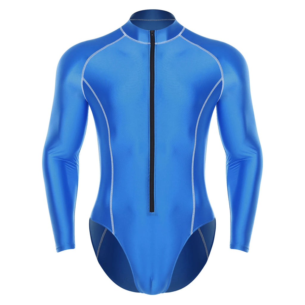 Men Swimsuit Glossy Bodysuit Rash Guard Wetsuit Swimwear Beach Surfing Sports Workout Romper Long Sleeve Zipper Silky Jumpsuit
