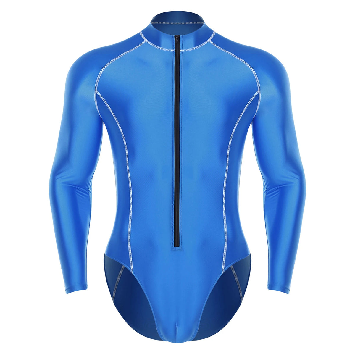 Men Swimsuit Glossy Bodysuit Rash Guard Wetsuit Swimwear Beach Surfing Sports Workout Romper Long Sleeve Zipper Silky Jumpsuit