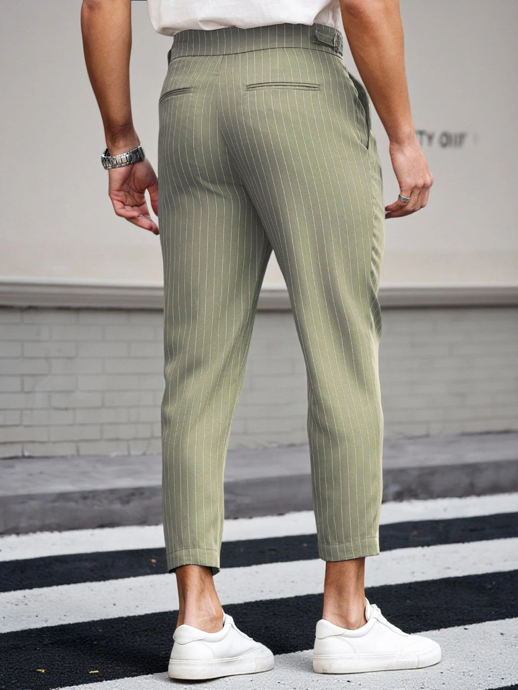 Men's Casual Vertical Striped Tapered Cropped Pants Gurkha High Waist Stretch Slim Fit Business Grey Navy Green Trousers