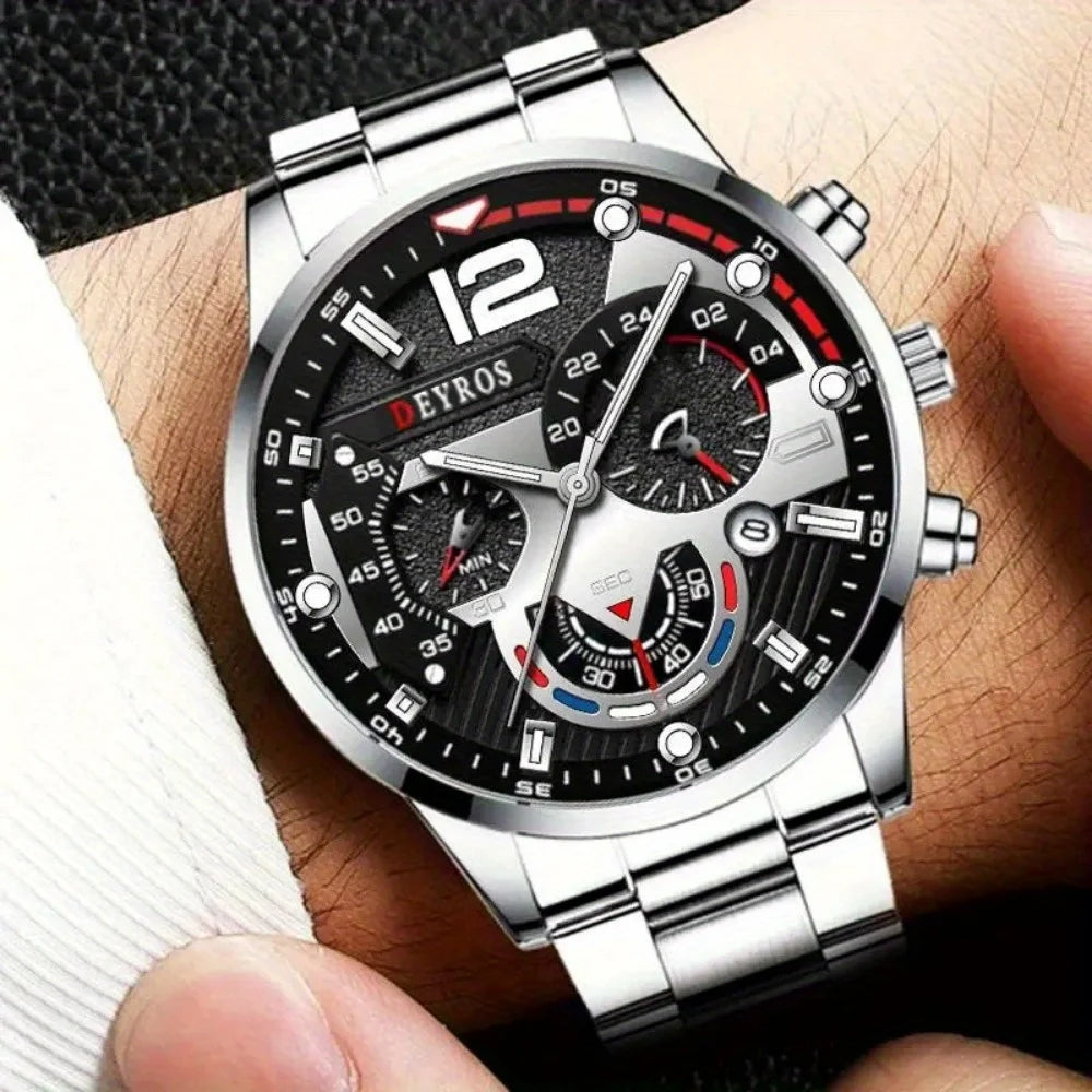 5Pieces/Set,Men's Watch Set, Fashion Classic Quartz Men's Watch, Necklace, Ring, Bracelet Men's Jewelry Set, Ideal Gift for Men.