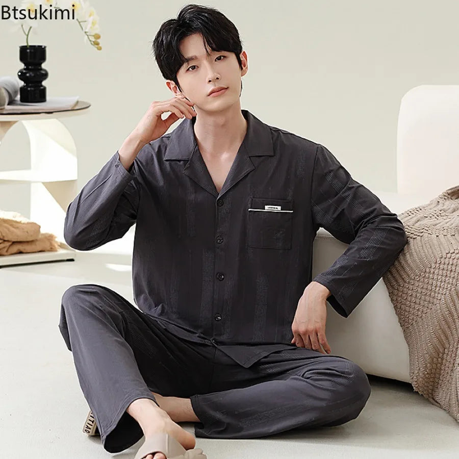 Pajamas for Men Spring Autumn Long Sleeve Lapel Button-up Cardigan Trousers Two-pieces Loose Casual Home Clothes Men Pajama Sets