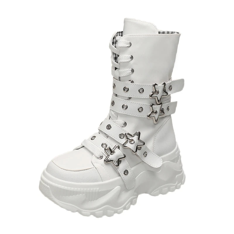 Women's Platform Boots New Round Head Belt Buckle Locomotive Boots European and American Thick-soled Boots for Women Botas Mujer