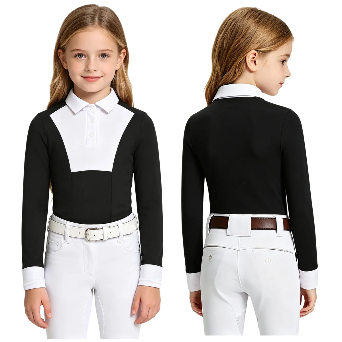 Kids Girls Horse Riding Sports Shirts Top Long Sleeve Buttons Contrast Color Shirt Equestrian Clothing Golf Workout Activewear
