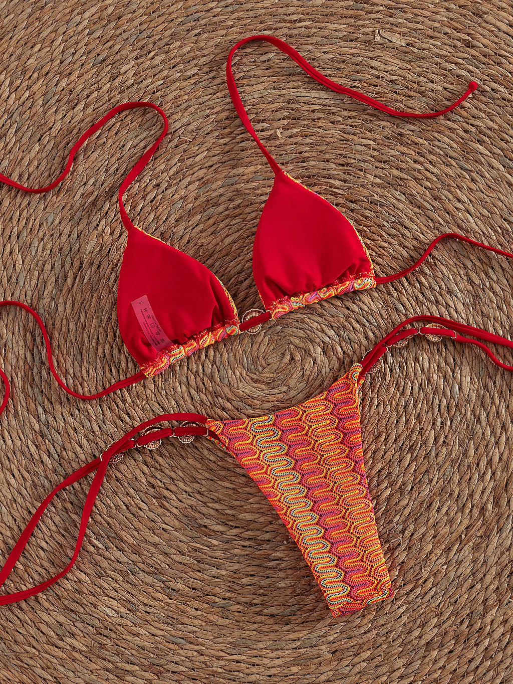 Women's Red Halter Bikini Set Triangle Top with Metal Ring Detail Tie Side Bottom 2 Piece Swimwear