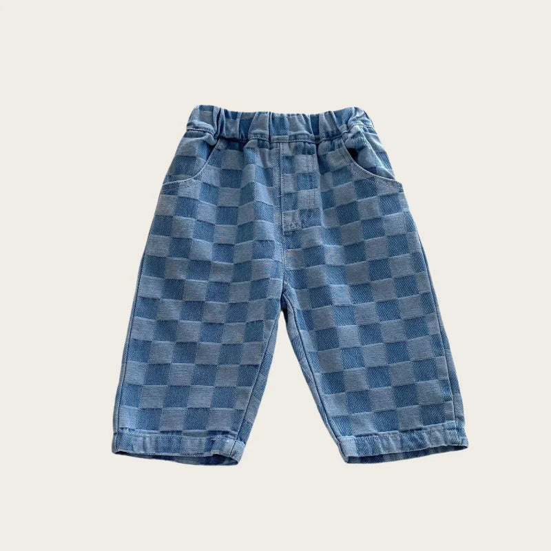 0-5 Y Little Kids Girls Boys Pants Korean Children's Clothes 2026 Cotton Checkered Soft Denim Jeans Stylish Comfortable Trousers