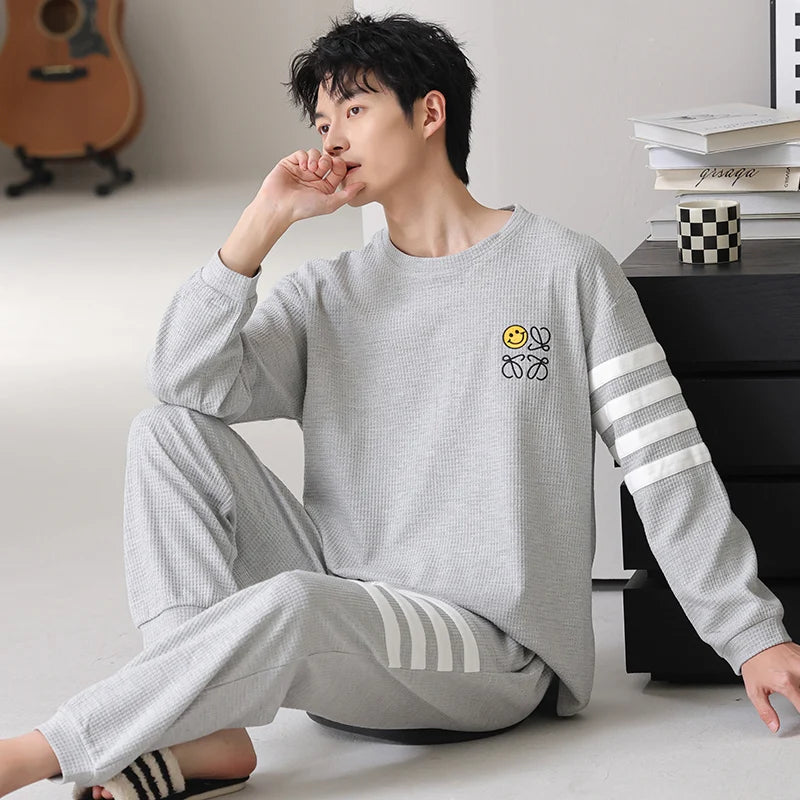 Men Pajamas Set 100% Cotton Casual Sleepwear Male Autumn Long Sleeve Solid Pyjamas