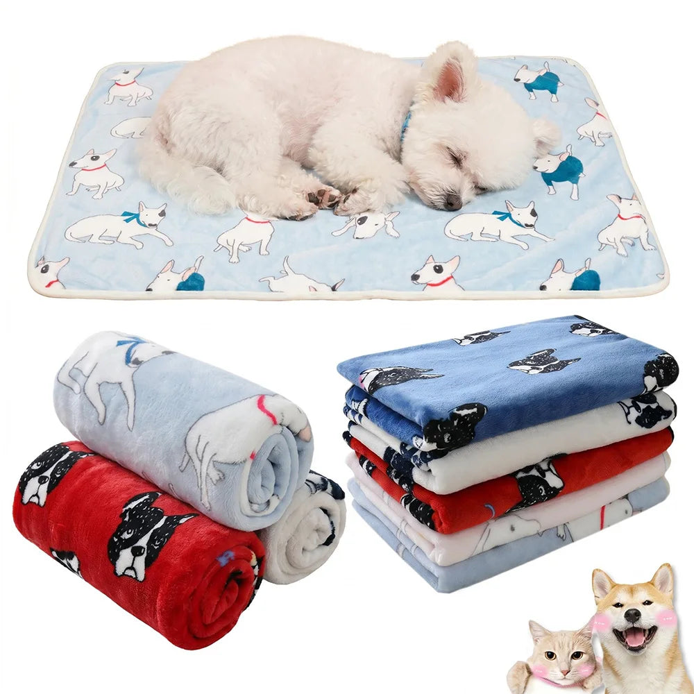 Soft Flannel Pet Blanket Cute Bulldog Print Warm Dog Bed Mat Cat Cover Breathable Sleeping Pad for Puppy Kitten Hamster Supplies