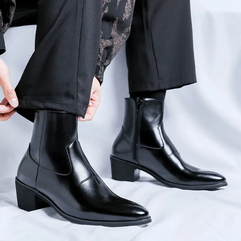 Men's Boots Leather Chelsea Boots British Style High Top Ankle Boots Zipper Pointed Toe Shoes Outdoor Business Male Dress Shoes