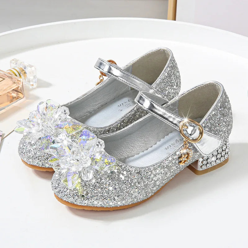Kids Causal Shoes Wedding Party Children's High Heels Princess Shiny Crystal Flower Girls Leather Shoes Pink Blue Sliver 23-38