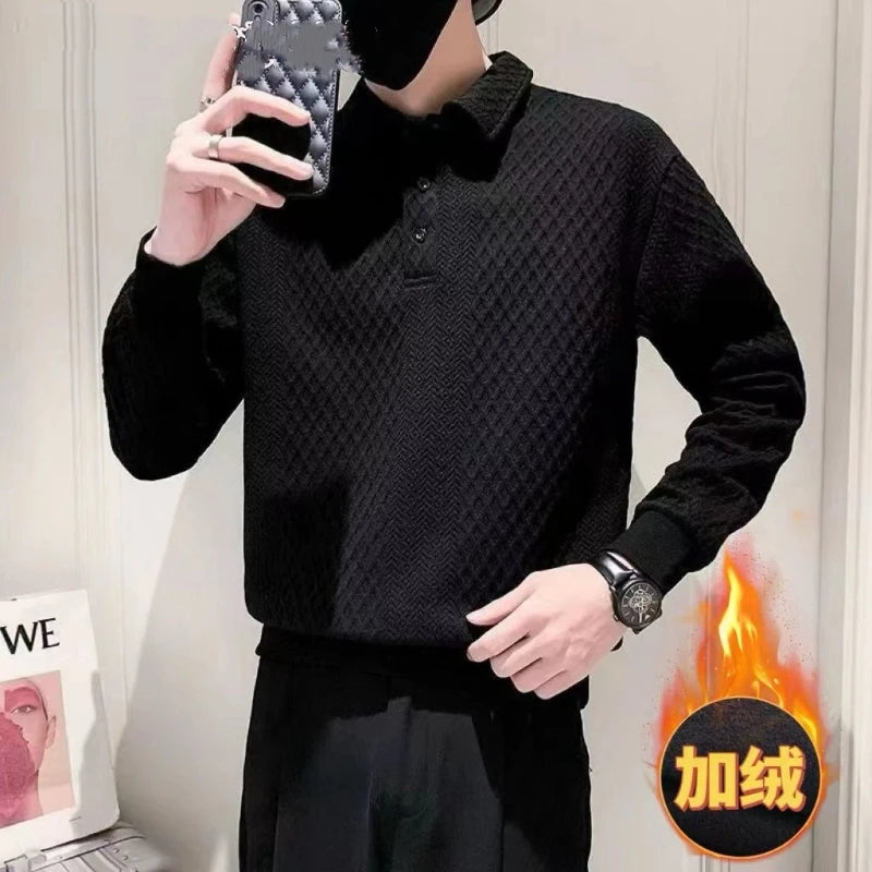 Men's Long Sleeved Hoodie with a Lapel and Polo Shirt, Autumn and Winter with Plush Trendy Casual and Versatile Fashion Top