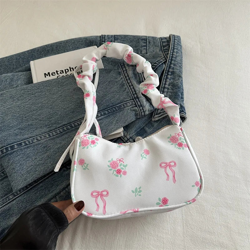 New Drawstring Aesthetic Floral Bag Large Capacity Pleated Strap Underarm Bag Adjustable Strap Zipper Closure Chic Hobo Bag