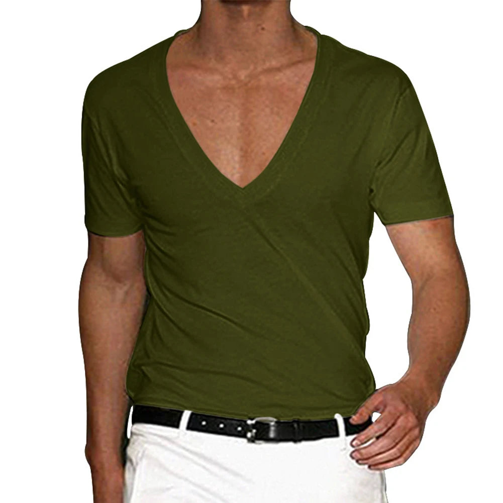 Summer Men's Short Sleeve T-Shirts Deep V Neck Solid Color Gym Muscle Fitness Undershirt Tee Tops T Shirt For Men Clothing