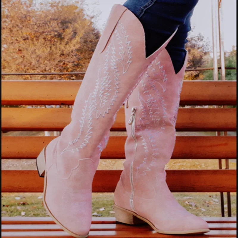 Women Fashion Boots Spring Low Heel Women Shoes Cool British Embroidered Design Soft Short Boots Party Knee High Boots Pink2024