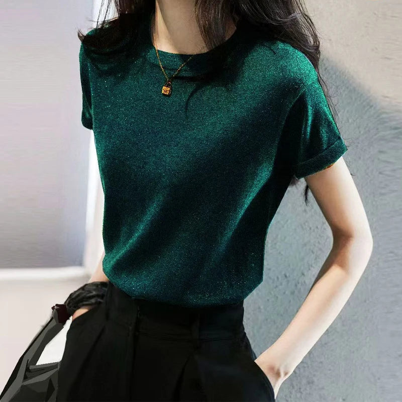 Commuter Joker Bright Silk Round Neck Ice Silk Short-Sleeved T-Shirt Women's Summer Thin Loose Slim Plus Size Vest Sweater