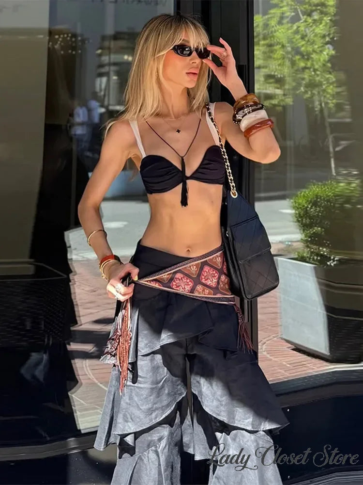 Women Black Tiered Ruffle Pants High Waist Wide Leg Long Trousers 2026 Summer Lady fashion Casual Vacation Streetwear New
