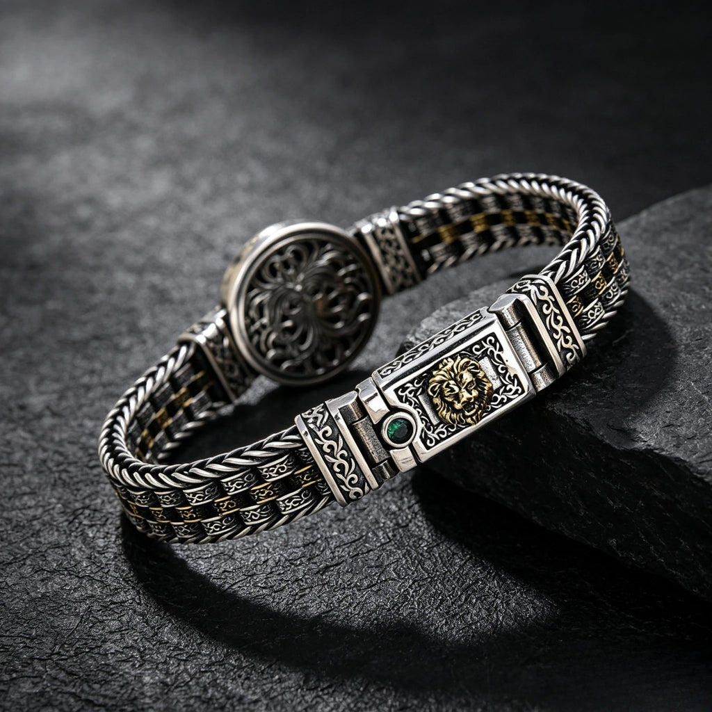 Men Vintage Two‑Tone Lion Head Bracelet Retro Embossed Medallion Braided Chain Punk Ethnic Statement Wrist Jewelry Gift