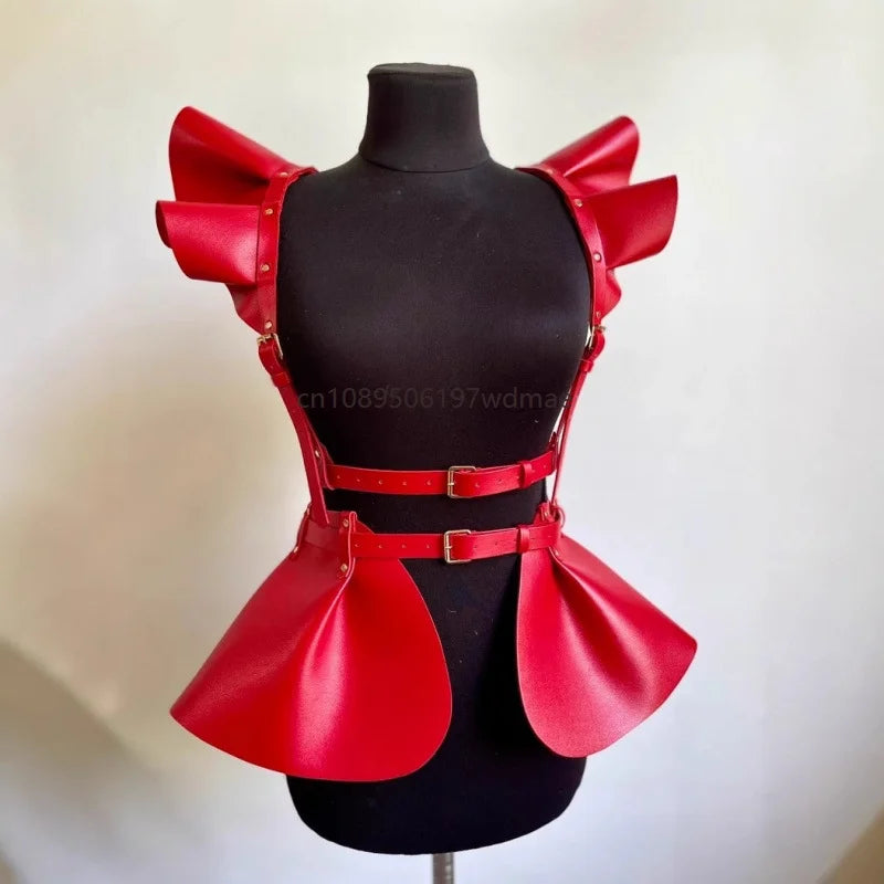 Women PU Leather Wing Shoulder Harness Peplum Skirt Adjustable  Buckle Rave Festival Outfit Clubwear Gothic Punk Cosplay Costume
