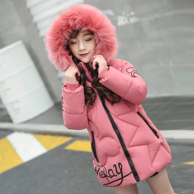 3-12 Years Winter Teen Girls jacket Long Style Letter Decoration Detachable Hat Lined With Velvet Hooded Thick Coat For Kids