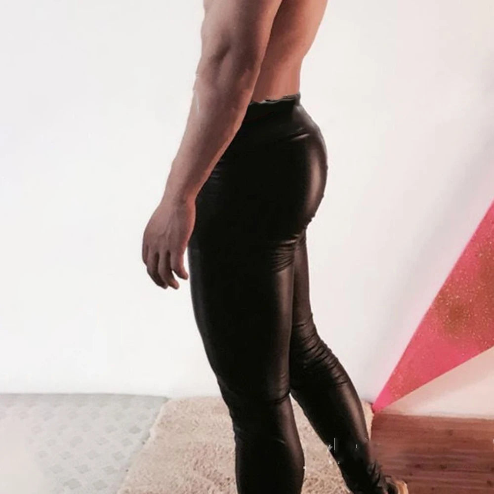 Fashion Men's Wet Look PU Leather Legging Skinny Pouch Pants Party Performance Clubwear Tight Pants Trousers Clothing