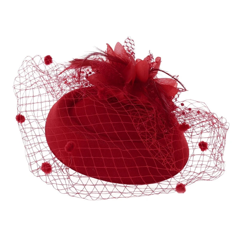 Fascinator Hats for Women Pillbox Cap with Flower Furry Mesh Veils and Hair Clip Party Headwear Headdress