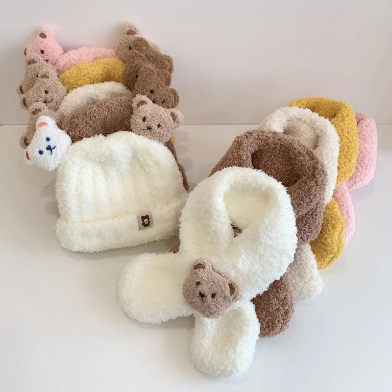 Baby Hat Scarf For Girls Boys Winter Warm Set Cartoon Bear Cold-proof Clothing For Kids Children Stuff Brimless Cap Scarf