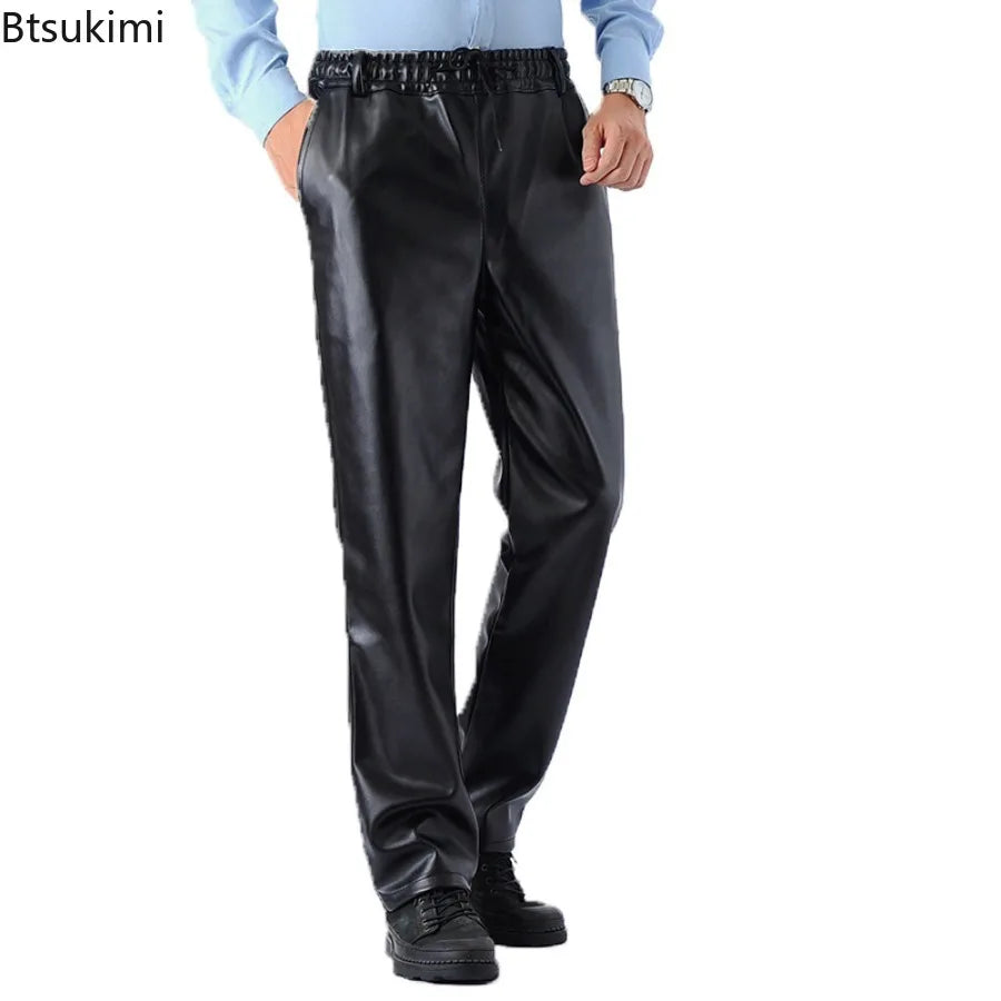 New Men's Loose Casual Leather Pants Fashion Water-poor Motorcycle PU Leather Pants Spring Autumn Simple Versatile Male Trousers