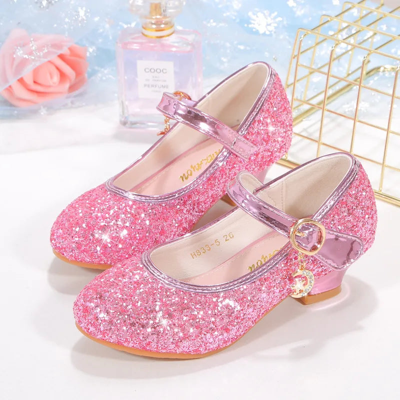 2025 New Children High Heels Red White Pink Sliver Girls Sequin Princess Shoe Four Seasons Students Dance Performance Show Shoes