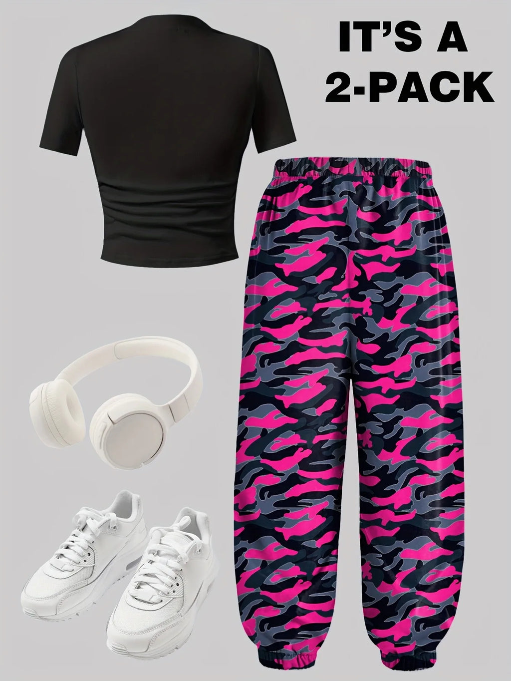 Kids Girls 2 Piece Racing Print Crop Tee & Pink Camo Jogger Pants Set Y2K Streetwear Casual Outfit