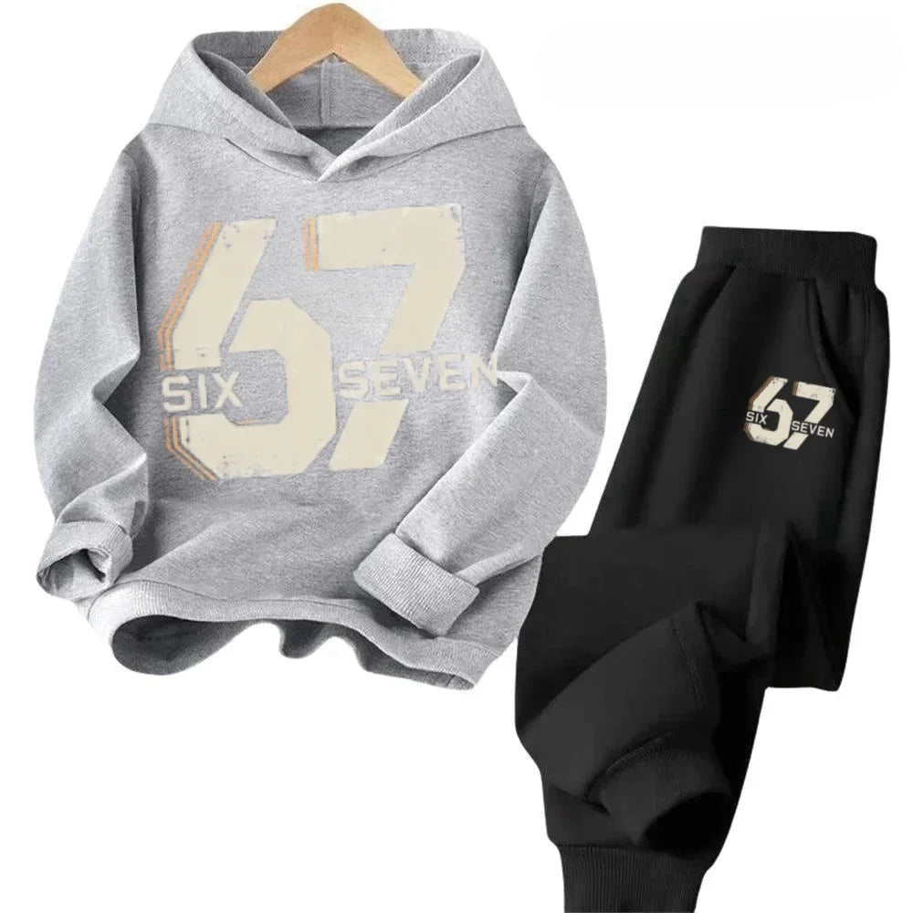67 Chic Children's Hoodies Set 4-13Y Korean Streetwear Block Tracksuit Fashion Comfortable Kids Sweatshirt 2 Pcs Sets Pant Suit