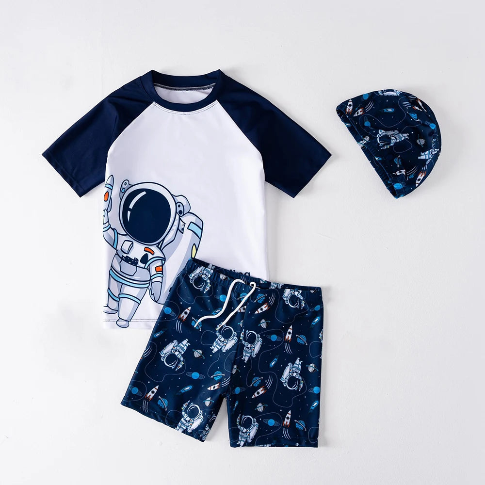 Kids Shark Print Swimwear Set 3Pcs Boys Short Sleeve Rash Guard Swimsuit + Trunks + Hat Children Beachwear Boys Bathing Suit