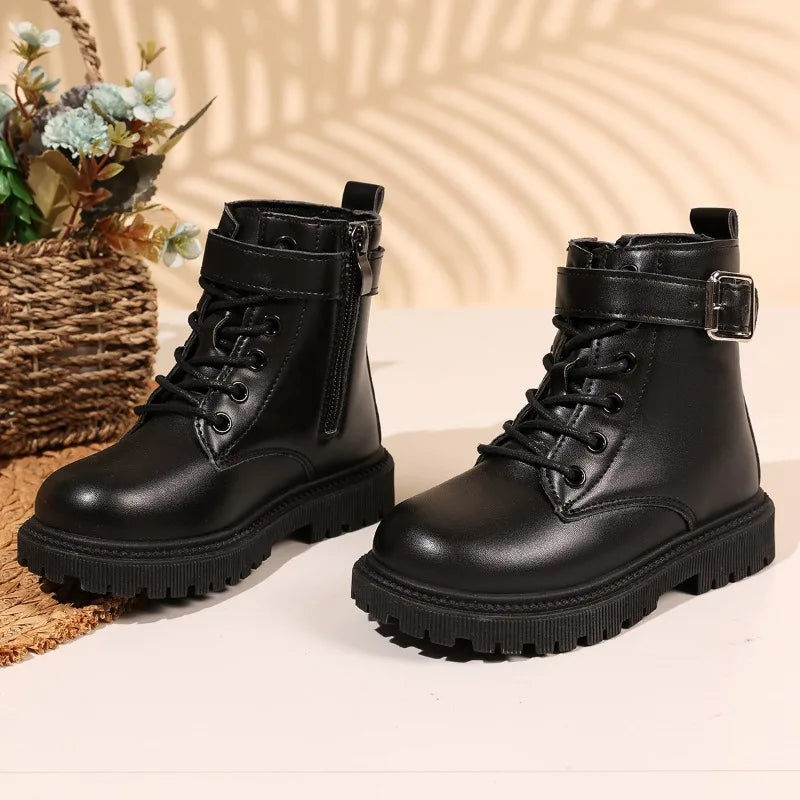 Kids Short Boots Versatile Fashion Children Leather Boots Soild Color Soft Bottom 2025 Autumn Winter New Girls Casual Boots