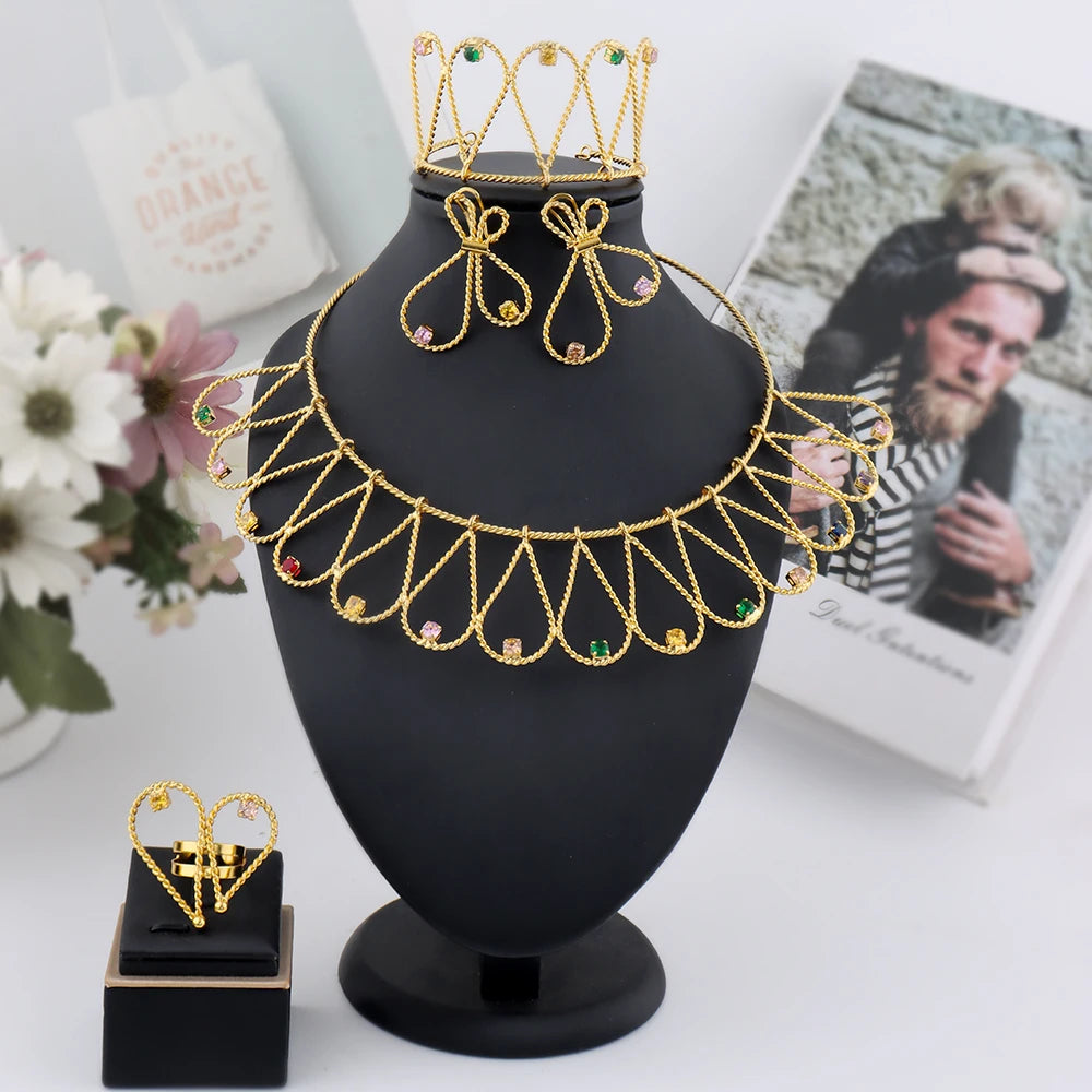 Fashion High Quality Gold Plated Women Jewelry Set Simple Lines Earrings Ring Colored Zircon Necklace Bangle For Wedding Party