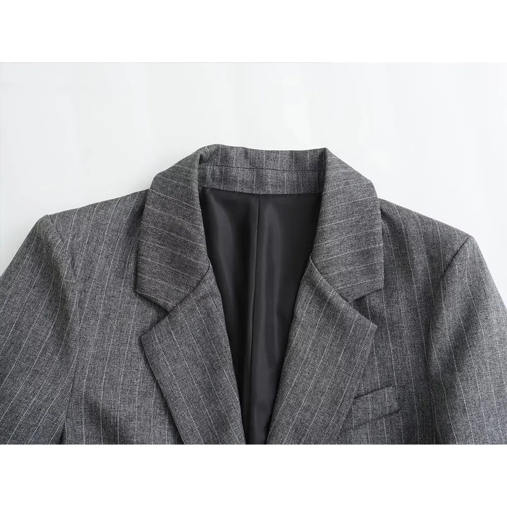 DUOPERI Women Fashion With Pockets Striped Single Breasted Blazer Notched Neck Long Sleeves Female Chic Lady Outfits