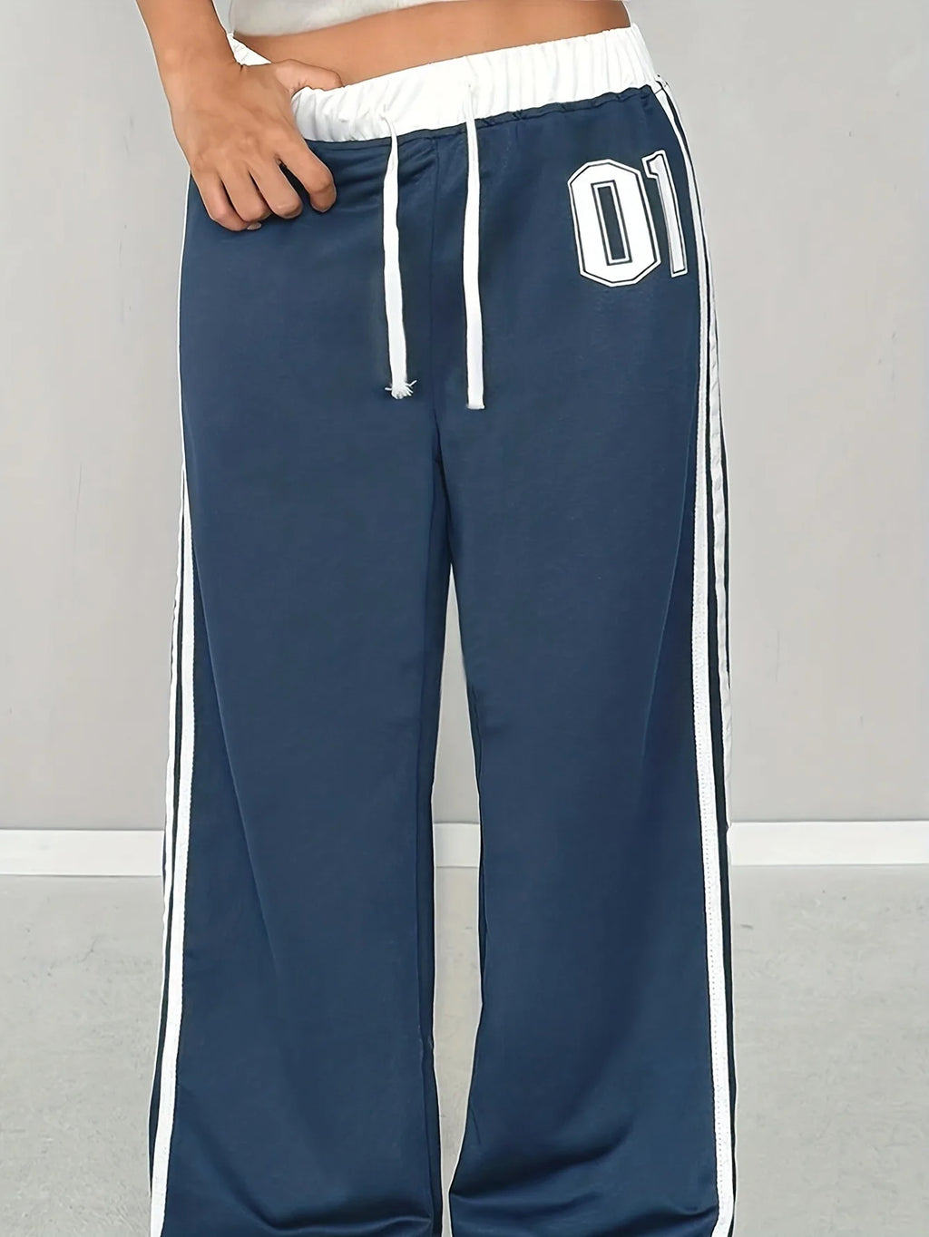 Kids Girls 01 Number Contrast Striped Drawstring Waist Wide Leg Sports Casual Pants