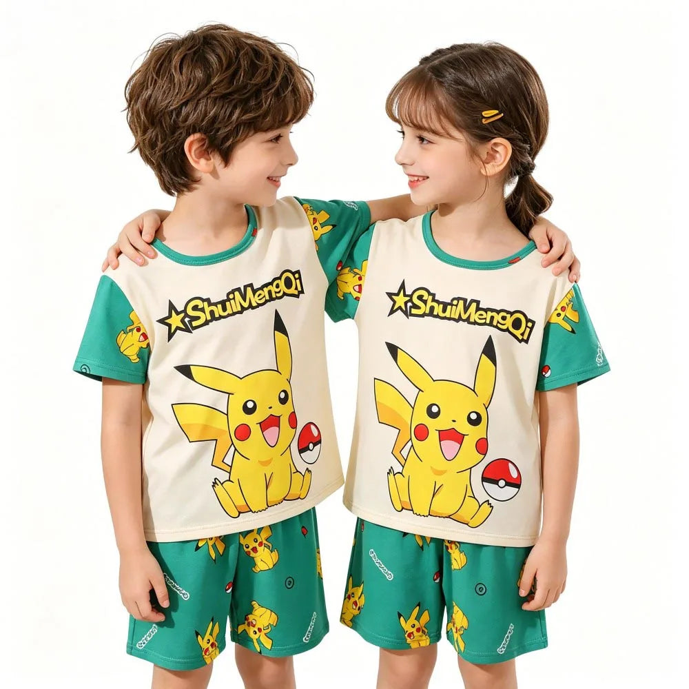 Animal Cartoon Boys Summer Pikachu Pajamas Sets Kids Summer Tops + Shorts Cartoon Sleepwear Pyjamas Toddler Kids Clothes Suits