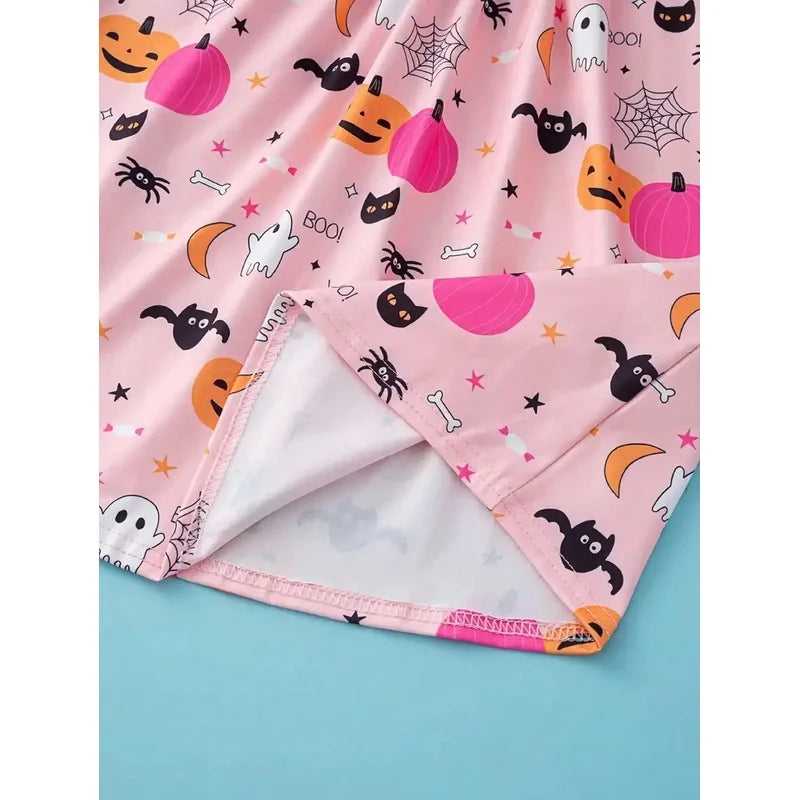 Children's Halloween Cartoon Print Dress Casual Elegant Fashionable round Neck Ruffled mid Length Skirt for Kids