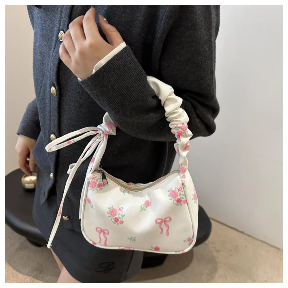 New Drawstring Aesthetic Floral Bag Large Capacity Pleated Strap Underarm Bag Adjustable Strap Zipper Closure Chic Hobo Bag