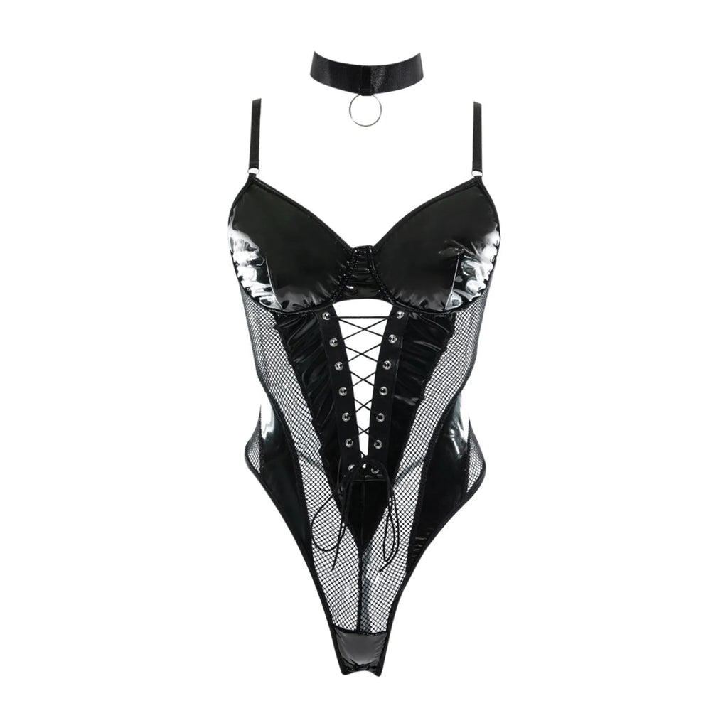 Women's Ethical Underwear Sexy Leather Lingerie Transparent Mesh Skins Bodysuit Erotic Body Jumpsuits Dames Costume For Sex