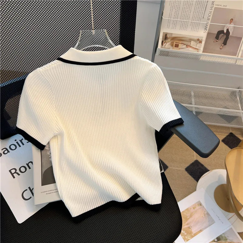 Ice Silk Polo Shirt Summer Women's Knitted Short Sleeve Polo Casual Versatile Women Sweater Tops 2025 Korean Clothing