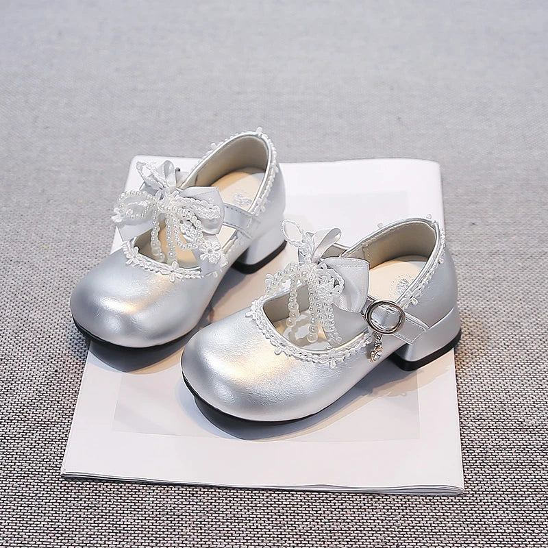 Girls Leather Shoes High Heels Kids Princess Shoes for Party Wedding 2026 Brand New Children Dance Shoes Sweet Beading Bows