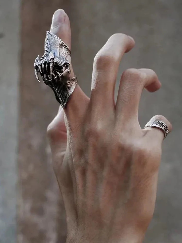 Jewelry Accessories Men Women Copper Material Demon Teeth Gothic Ring, Bold Statement Armor Style, Red Stone Eye, Textured Surfa