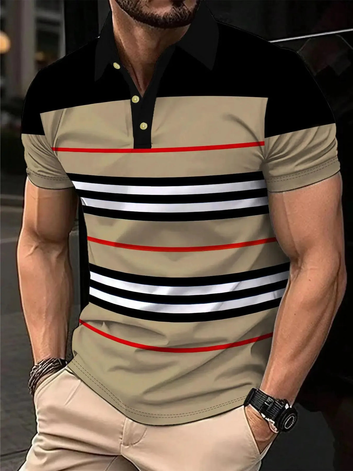 2026 Summer Men's Polo Shirt with Stripes Print Breathable Lightweight Casual Fashionable Outdoor Men's Clothing