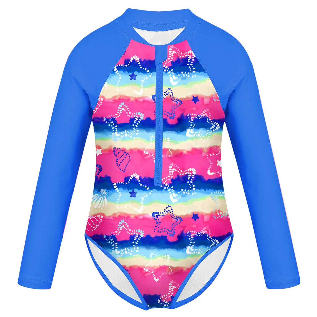 Kids Girls One-piece Swimsuit Long Sleeves Palm Printed Swimwear  Bathing Suit Sun Protection Rash Guard Surfing Diving Swim Top