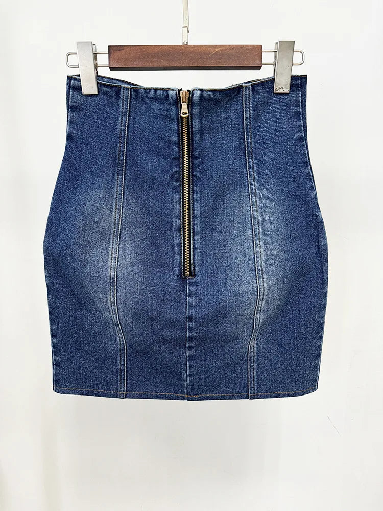 HIGH STREET Newest 2026 Designer Runway Blazer Women's Slim Fitting Double Breasted Lion Buttons Denim Jacket Mini Skirt