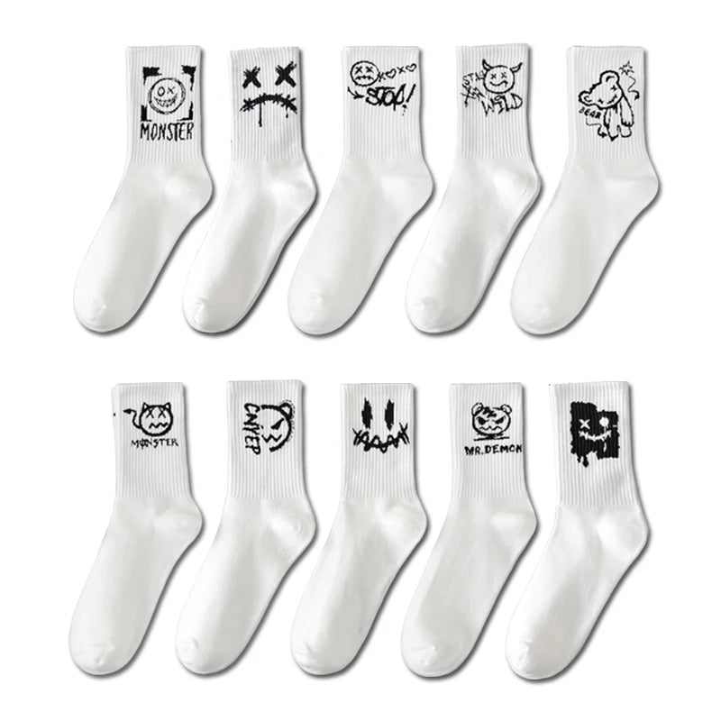 10 Pairs of Men Mid-Length Socks with Graffiti Funny Faces Unique Street Trends Moisture Wicking and Sweat Wicking