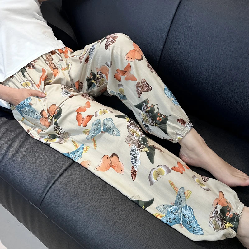 Cool Summer New Silk Cotton Spwear Loose Women's Wide Leg Pants Home Wear Floral Print Heat Resistant Comfortable Casual T...