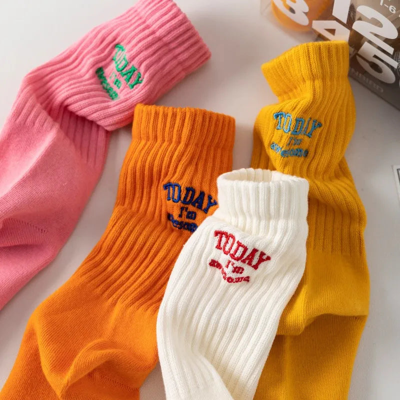 For Men Women Couple Funny Cotton Socks Embroidery Letter Today I’m Awesome Japanese Korean Designer Couple Mid-tube Sports Sox